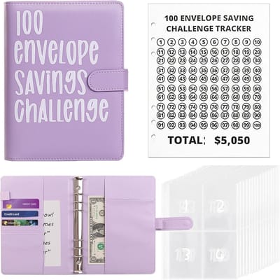 QTTVBTNA 100 Enveloppen Spaarchallenge Binder – Geld Besparen tot €5.050 – Cash Budget Planner met A5 Ringband & Enveloppen – Paars