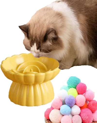 Keramische Kattenkom - Voerbak Verhoogd - Comfortabel Eten - Beschermt Nekwervels - 14 x 8.5 cm - Geel