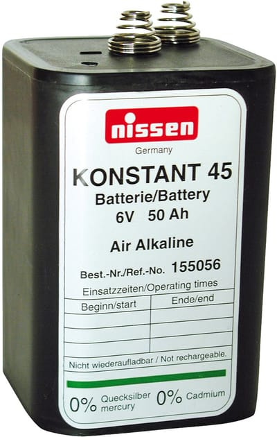 Nissen Konstant 45, 6V, 45-50Ah Lucht-Alkaline, Zink-Lucht Koudebestendig tot -25° C