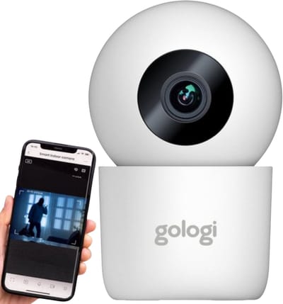 Gologi Beveiligingscamera Binnen - Smart Indoor Camera - Draadloze verbinding (WIFI) - 180° Draaibaar - Nightvision - Bewegingssensor - Blaf en Huil Detectie - Babyfoon - Huisdiercamera met App - Wit