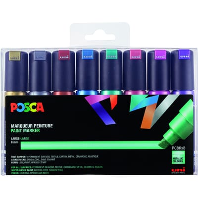 Goud - Zilver - Brons - Metallic Rood-Metallic Roze -Metallic Blauw- Metallic Groen- Metallic Paars set van 8 verfstift op waterbasiss met schuine punt breed