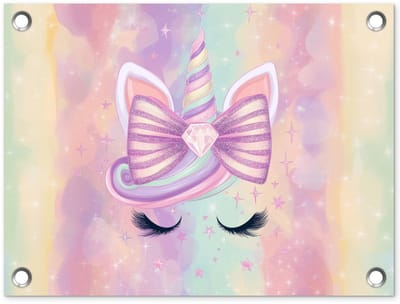 Tuinposter 40x30 cm - Tuindecoratie Eenhoorn - Glitters - Regenboog - Pastel - Poster voor in de tuin - Buiten decoratie - Schutting tuinschilderij - Tuindoek muurdecoratie - Wanddecoratie balkondoek