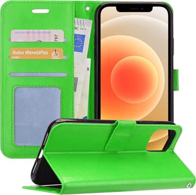 Hoesje - Met Pasjeshouder - Geschikt voor Apple iPhone 12 - Luxe Bookcase Portemonee - Flip Case - Kunstleer Book Case - Flipcase - Book Cover - Walletcase - Portemonneehoes - Telefoonhoesjes - Groen