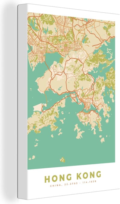 Canvas Schilderij Kaart - Hong Kong - Stadskaart - Vintage - Plattegrond - 20x30 cm - Wanddecoratie