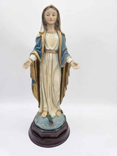 Maria Wonderdadige - beeld 31 cm hoog op console - Madonna met open handen - materiaal polystone - religieus beeld