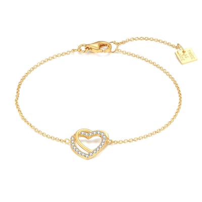 Twice As Nice Armband in 18kt verguld zilver, dubbel hart, steentjes 16cm+3cm