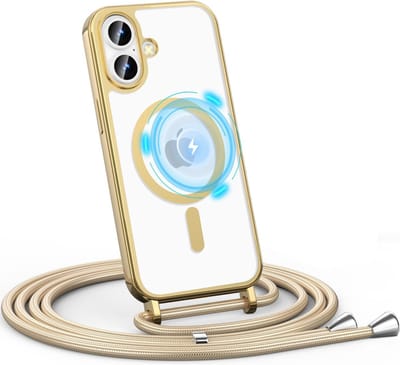Casemania Hoesje Geschikt voor Apple iPhone 16 - Goud - Siliconen Back Cover met Koord - Geschikt voor MagSafe - Telefoonhoesje met Koord - Crossbody Lanyard Cord Case