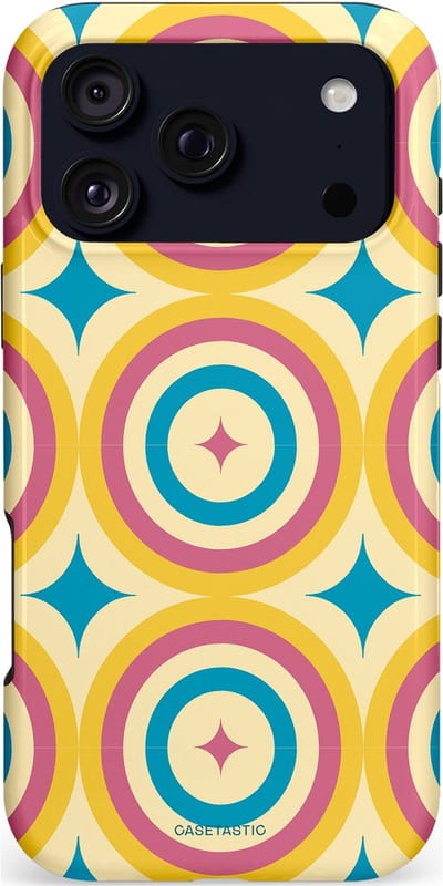 Casetastic hoesje geschikt voor Apple iPhone 17 Pro Max - MagSafe - Dubbellaagse bescherming - Swinging Retro Boogie Circles - Fashion Case - Crème Goud Lichtblauw Koraal