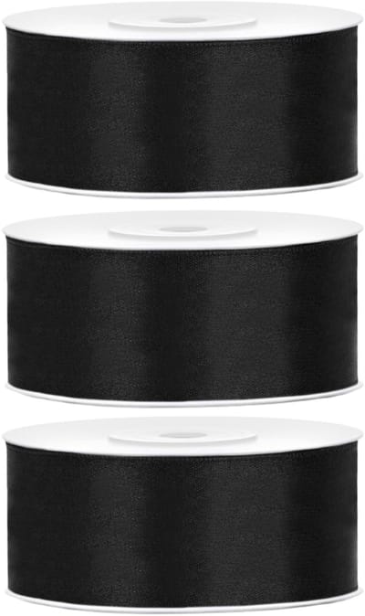 Partydeco Cadeaulint - 3x - zwart - 2,5 cm x 25 meter - satijn - sierlint - inpakken - decoratie