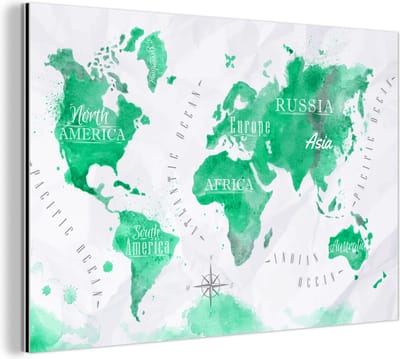 Wanddecoratie Metaal - Aluminium Schilderij Industrieel - Wereldkaart - Olieverf - Groen - 120x80 cm - Dibond - Foto op aluminium - Industriële muurdecoratie - Voor de woonkamer/slaapkamer