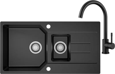 Anycee max Spoelbak voor keuken 86x45CM - Granieten Keuken Met Keukenkraan - 1.5 Spoelbakken Keuken - Gootsteen Met Waterafvoersysteem - Wasbak Keuken - Krasvast en Hittebestendig - Zwart