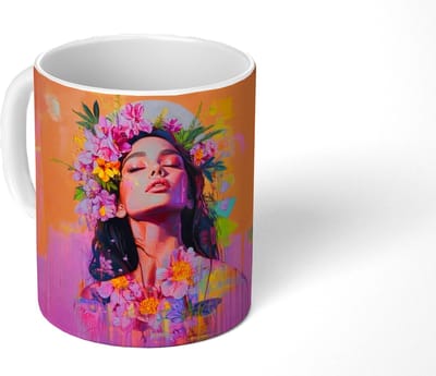 Mok - Koffiemok - Portret - Bloemenkroon - Vrouw - Mokken - 350 ML - Beker - Koffiemokken - Theemok