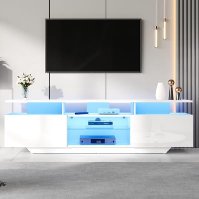 MODFU TV-meubel 160x40x45 cm van MDF en glas, wit, 2 kasten en LED-lichtstrepen met app-bediening