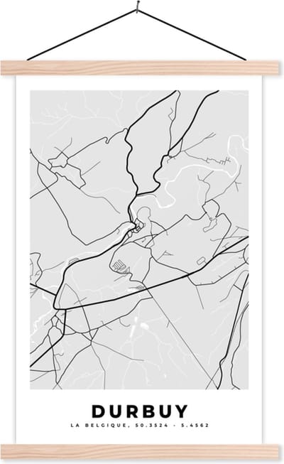 Posterhanger incl. Poster 40x60 cm - Schoolplaat - België – Durbuy – Stadskaart – Kaart – Zwart Wit – Plattegrond - Textielposter - Blanke latten - Stadskaart