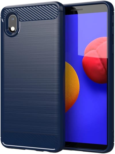 Cadorabo Hoesje geschikt voor Samsung Galaxy A10e / A20e in BRUSHED BLAUW - Beschermhoes van flexibel TPU siliconen in roestvrij staal-carbonvezel look Case Cover