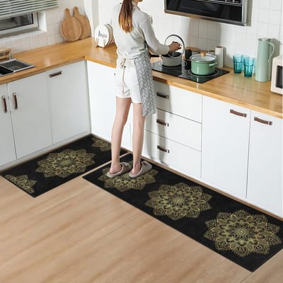 Vloerkleed Keukenloper set 65x180 & 60x100 cm - Deurmat binnen - Halloper set - Laagpolig Zachte Tapijt - Gold mandala op zwart