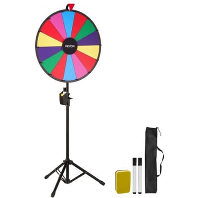 VEVOR Wheel of Fortune (61 cm) 14-vaks Wheel of Fortune met statief, in hoogte verstelbaar, loterijspellen winnende roulette met schoolbordwisser en 2 stiften, 6 kleuren, ideaal voor feestjes, cafés, kermissen