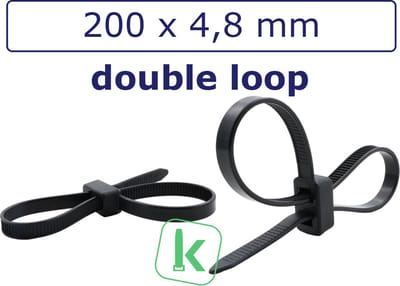 PRO-TIE® - Tyraps, kabelbinders Met Dubbele Sluitkop / Double Loop Cable Ties 200 x 4,8 mm Zwart UV-Bestendig (Zak 100 stuks) (tiewrap/tyrap/tie-wrap/bundelbandje/colsonbandje/)