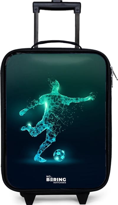 NoBoringSuitcases.com® - Kinderkoffer jongen - Kindertrolley meisje - Voetballer trapt met kracht in digitale vorm - Koffer kind lichtgewicht - Reiskoffer trolley voor kinderen - Koffertje met lichtgevende wieltjes - Rolkoffer zwart