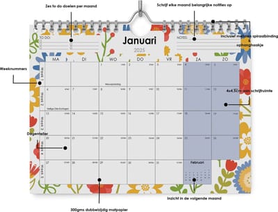 Kalender 2025 - Bloemen - 45x32cm (A3+) - Inclusief 48 morandi stickers - 300gramsgewicht ecopapier
