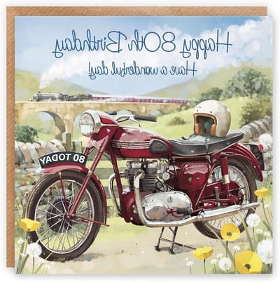 Verjaardagskaart Motorfiets - Wenskaart 80 Jaar - Verjaardag Vieren - Grote Artistieke Kaart - 210 x 210 mm - Vintage