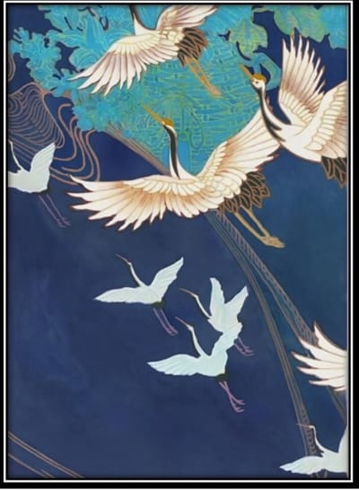 Fine Asianliving Aquarelle Schilderij Japanse Kraanvogels in Lijst Massief Hout 80x122cm Navy