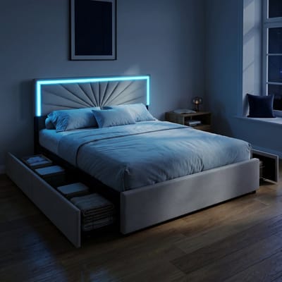 Opbergbed met 4 lades - Tweepersoonsbed 160x200 cm - RGB LED - Lattenbodem en Verstelbaar hoofdbord - Gestoffeerd bed linnen - Beige