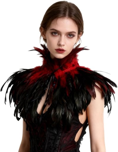 JHUBERS- Sjaal Handgemaakt - Gotische Veren Sjaal - Halsband - Verstelbare Linten - Luxe Gelaagde Veren - Ideaal voor Carnaval - Cape