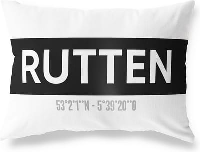 Tuinkussen RUTTEN - FLEVOLAND met coördinaten - Buitenkussen - Bootkussen - Weerbestendig - Jouw Plaats - Studio216 - Modern - Zwart-Wit - 50x30cm