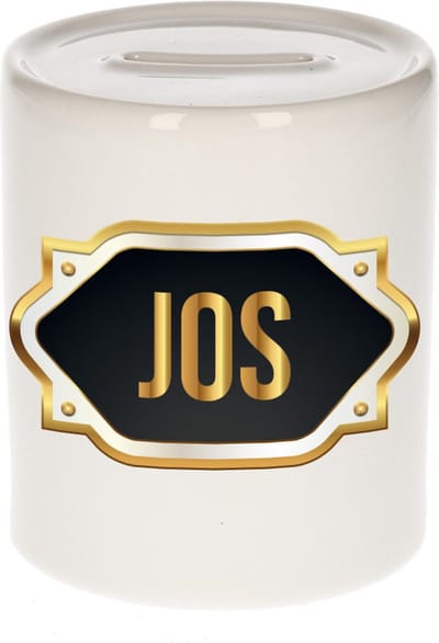 Spaarpot met voornaam Jos - wit - met goud/zwart embleem - 8 x 9 cm - keramiek - met afsluitdop - cadeau verjaardag