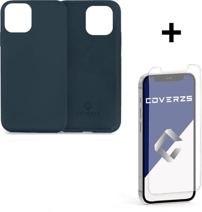 Coverzs Luxe Liquid Silicone case geschikt voor Apple iPhone 12 / 12 Pro - beschermhoes - siliconen backcover - optimale bescherming - donkerblauw + glazen Screen Protector