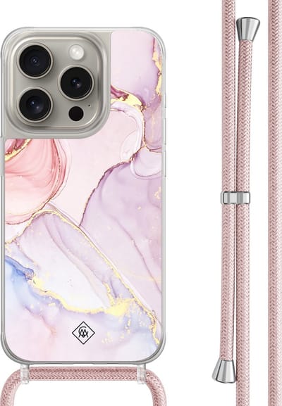 Casimoda® hoesje met rosegoud koord - Geschikt voor iPhone 15 Pro - Marmer roze paars - Afneembaar koord - TPU/polycarbonaat - Paars