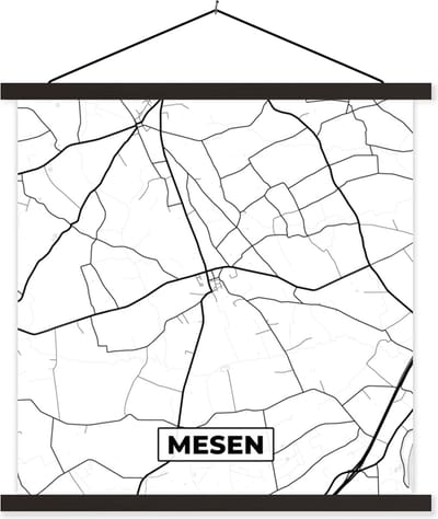 Posterhanger incl. Poster 60x60 cm - Schoolplaat - Plattegrond – Mesen – Zwart Wit – Stadskaart - Kaart - België - Textielposter - Zwarte latten - Stadskaart