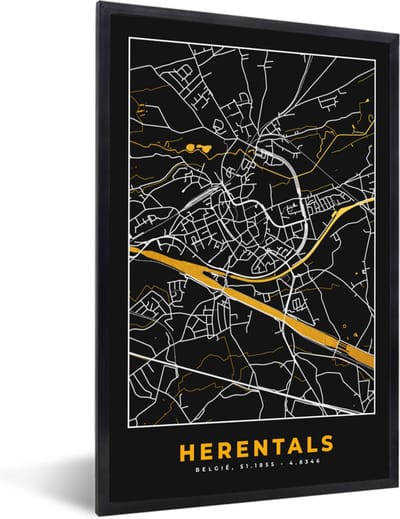 Fotolijst incl. Poster - Stadskaart - Plattegrond - Kaart - Goud - Herentals - 40x60 cm - Posterlijst