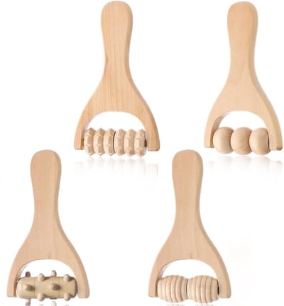 4-delige Houten Rugspierroller met Handvat, Massage Tool voor Ontspanning van Nek, Rug, Handen en Benen, Ideaal voor Volledige Lichaamsmassage en Fasciatherapie