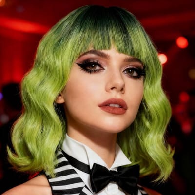 Ombre Groene Korte Schouderlengte Krullende Wavy Bob Peruk met Bangs - Synthesisch Cosplay Haar voor Vrouwen