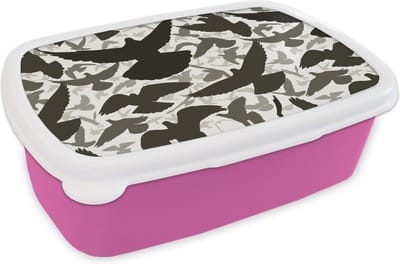 Broodtrommel Roze - Lunchbox - Brooddoos - Duif - Vliegen - Patronen - Vogels - 18x12x6 cm - Kinderen - Meisje
