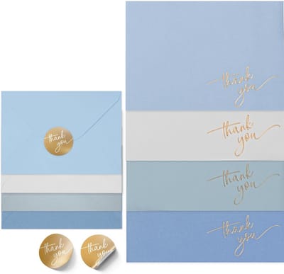 Bedankkaartjes Set met Goudfolie - 40 Stuks Blauw Inclusief Stickers en Enveloppen