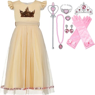 Prinsessenjurk meisje - Verkleedjurk - Roze Jurk - maat 104/110(110) - met pailletten kroon - Inclusief accessoires - Feestjurk - Communiejurk