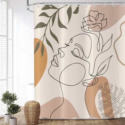 Beige Boho Douchegordijn 180x200 cm - Moderne Abstracte Kunst met Bloemen en Bladeren, Waterdicht, Wasbaar