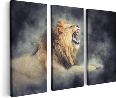 Artaza Canvas Schilderij Drieluik Brullende Leeuw - 120x80 - Foto Op Canvas - Canvas Print
