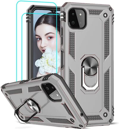 HB Hoesje Geschikt voor Samsung Galaxy A22 5G Grijs 2X Glazen Screenprotectors - Anti-Shock Hybrid Armor Back Cover - Hoes met Kickstand Ring