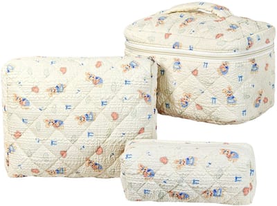 Set van 3 Make-up Tasjes Gewatteerd Bloemen Katoen – Grote Capaciteit Esthetische Cosmetische Tas & Toilettas voor Vrouwen – Reistas Organizer met Ritssluiting -Wit met blauw konijn, 3-delige set [Groot + Middel + Klein]