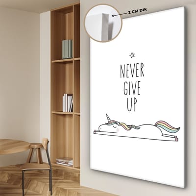 Kinderkamer decoratie - Eenhoorn - Quotes - Never give up - Quotes - Wanddecoratie meisjes - Canvas schilderij kinderen - Canvas doek kids - 120x180 cm