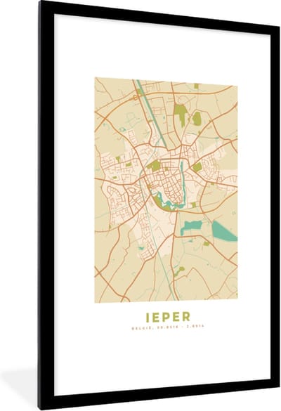 Fotolijst incl. Poster - Stadskaart - Ieper - Kaart - Vintage - Plattegrond - 80x120 cm - Posterlijst