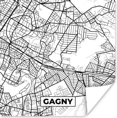 Poster Stadskaart - Frankrijk - Gagny - Kaart - Plattegrond - Zwart wit - 100x100 cm XXL