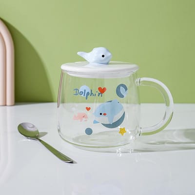 Hittebestendig Glazen Mok Scandinavische Mok Huis Kantoor Koppels Dolfijn Mok Melk Koffie Mok met Deksel Lepel 401-500ml