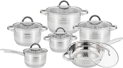 Cheffinger Pannenset - 12-delig - Zilver - RVS - Kookpannen - Inductie