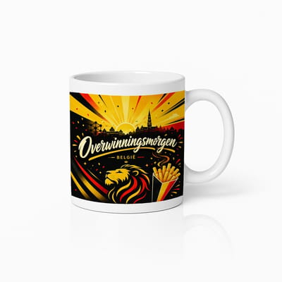 België Overwinningsmorgen Voetbal Mok – Belgische Leeuw Zonsopgang Friet Design – Witte Koffiemok 330 ml – België Supporter Cadeau Beker