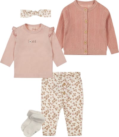 Dirkje - Basic Collection - BIO COTTON - Broek met bloemetjes - Shirt met printje - Vest ajour steek - Haarband pink- Shirt met bloemen - haarband - Maat 74